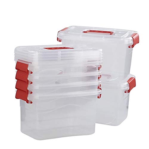 5 L Plastic Storage Bin with Lid, Clear Transparent Box With Red Handles Set of 6 - color: Red