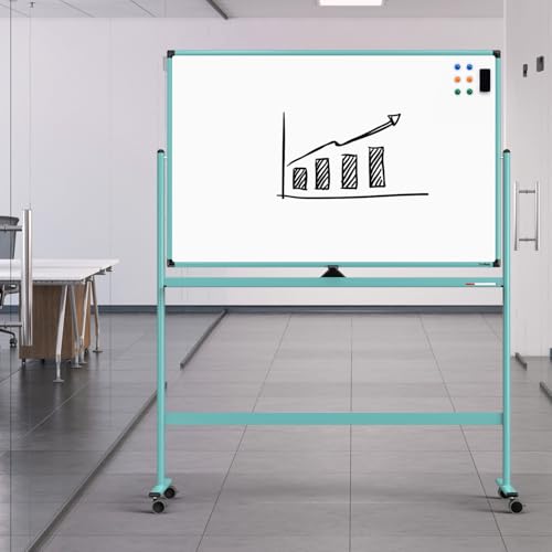 Rolling Whiteboard, 48x32 Inches Dry Erase Board with Stand, Magnetic Mobile Whiteboard on Wheels, Standing White Board for Office, School, Home, Large Double Sided White Board with Paper Pad - color: Light Blue, size: 48"x32"