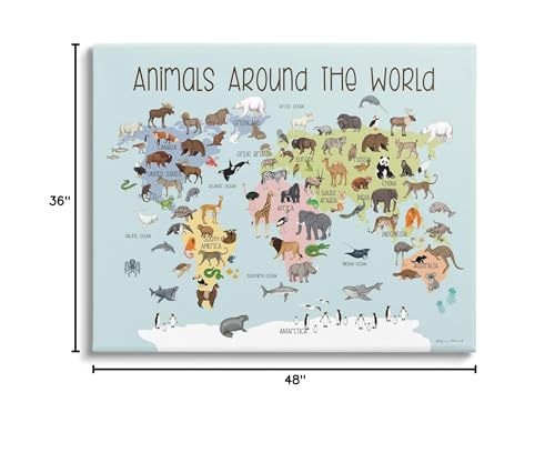 'Animals Around The World Map'| Canvas Art | Stupell Industries | 48 x 36 Inches, Easy to Hang and Sturdy, Made in USA, by Stephanie Workman Marrott - size: 48"L x 36"W