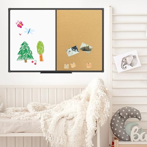JILoffice White Board & Bulletin Corkboard Combination, Combo Board 36 x 24 Magnetic Whiteboard, Black Aluminum Frame Wall Mounted Board for Office Home and School with 10 Push Pins - size: 36"x24"-Black, style: vertical