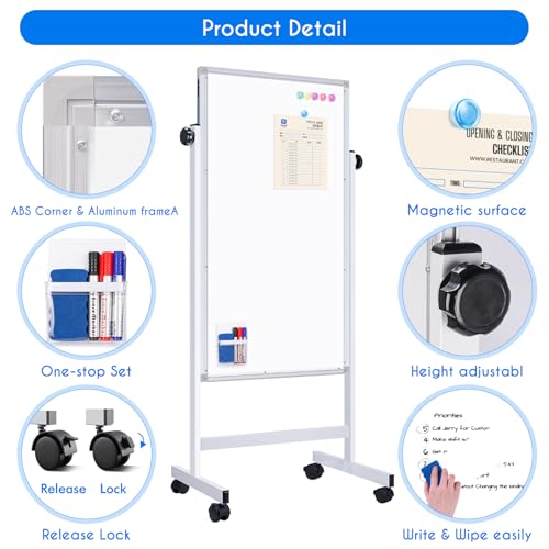 maxtek Rolling White Board, 48 x 24 Height Adjustable Whiteboard on Wheels, Large Magnetic Standing Mobile Easel Board, Double-Sided with Stand for Office, Home, and Classroom - style: 24X48 in Silver