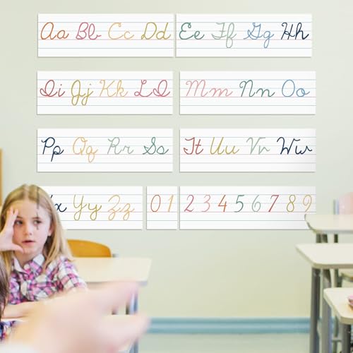 Set of 9 Cursive Writing Bulletin Board Cursive Alphabet Wall Strip for Teacher Supplies, Classroom Teaching Tool, Homeschooling, Kids Education(Colorful) - style: Colorful