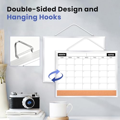 Calendar Whiteboard Monthly Dry Erase Calendar for Wall, 17"x13" Double-Sided Small White Board with Cork, Silver Aluminum Alloy Frame Hanging Wall Calendar for Home, Kitchen, Office, School