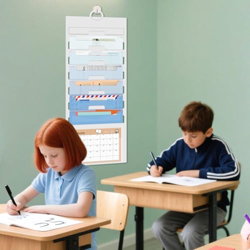 Wall File Organizer 6 Pocket, Hanging Wall File Organiser for Classrooms and Offices, 6 Removable Poly Hanging File Folders