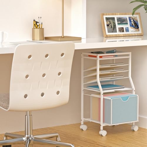BOHDK Rolling File Cart, 6-Tier Desk File Organizer on Lockable Wheels, White Wood Planks & Mesh Sliding Hanging Folder Drawer, Organization Cart for Office Home School - color: White