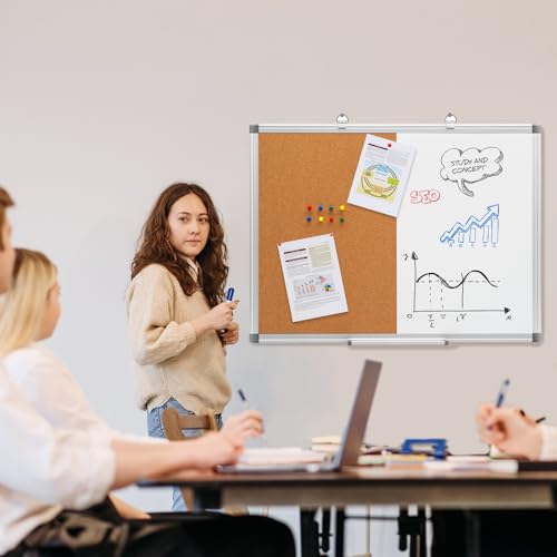 Comix Cork Board Magnetic Dry Erase Board Combo, 36 x 24 Inches Large Whiteboard and Bulletin Board Combination, Aluminum Frame Vision Board with Dry Erase Markers, Magnets, Eraser and Push Pins - size: 36" x 24"