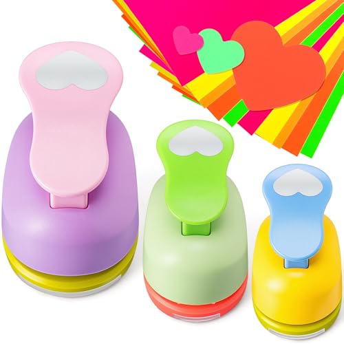 CHENGU 3 Pack Heart Craft Hole Punch 2, 1 and 5/8 Inch Punch Paper Punchers with 10 Pcs Sticker, Cutter Random for Card Making Scrapbook DIY Albums Photos Office Supplies - color: Random Color, style: Heart