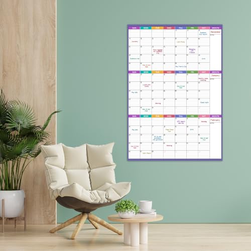 Dry Erase Calendar for Wall - Undated 3 Month Wall Calendar, 28'' x 40'', Erasable & Reusable Wall Calendar, Dry Erase Calendar for Home, Office and School, 10 Round Stickers