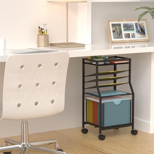 BOHDK Rolling File Cart, 6-Tier Desk File Organizer on Lockable Wheels, Black Wood Planks & Mesh Sliding Hanging Folder Drawer, Organization Cart for Office Home School - color: Black