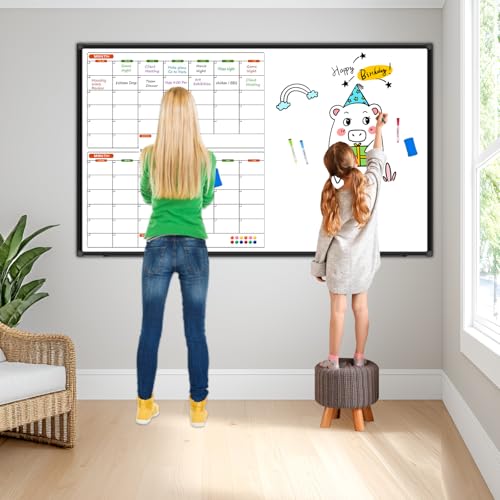 Large Magnetic Dry Erase Calendar Whiteboard Combo 72" x 40", 2 Month Whiteboard Calendar & Dry Erase Board for Wall, Wall Mounted Board with 2 Erase, 10 Marker, 12 Magnet - size: 72" x 40" - 2 Month