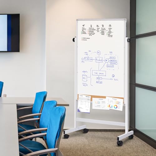 maxtek Rolling White Board, 44x28 Inches Magnetic Cork Board Combo, Portable Double-Sided Dry Erase Board on Wheels, Height Adjutable Easel Board for Home, School, Office - style: 44x28 in Silver&Cork