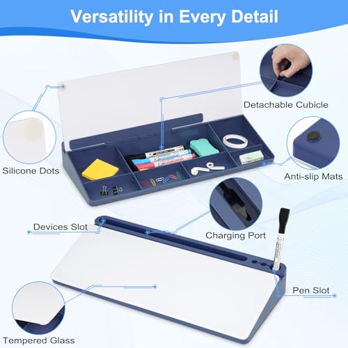 Glass Desktop Whiteboard with Storage, Desk White Board with Computer Keyboard Stand,White Dry Erase Board with Drawers for Home,School,Office - Blue - color: Organizer-blue