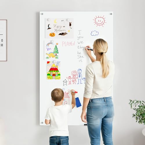 Magnetic Glass Whiteboard for Wall, 48" x 32" Large Dry Erase Board, Frameless Wall-Mounted White Board School, Classroom, Office & Home - size: 48" x 32"