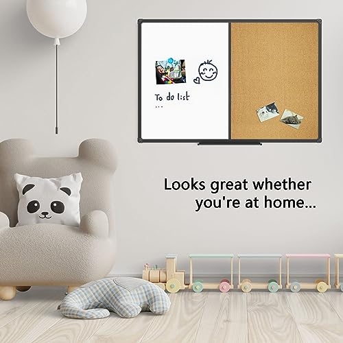 JILoffice White Board & Bulletin Corkboard Combination, Combo Board 48 x 36 Magnetic Whiteboard, Black Aluminum Frame Wall Mounted Board for Office Home and School with 10 Push Pins - size: 48"x36"-Black, style: vertical