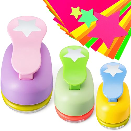 CHENGU 3 Sets Star Shaped Craft Hole Punch 2, 1 and 5/8 Inch Punch Paper Punchers with 10 Pcs Sticker, Cutter Random for Card Making Scrapbook DIY Albums Photos Office Supplies - color: Random Color, style: Star