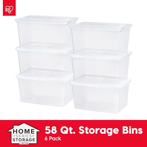 IRIS USA 6-Pack Storage Bins with Lids, 58 Quart, Clear Stackable Containers Box Organize Shoes Closet Shelves Clothes Blankets Towels - BPA-Free Plastic - size: 58 Qt, style: 6 Pack