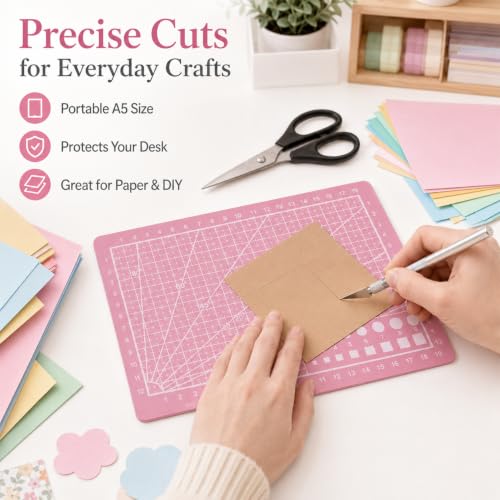 A5 Cutting Mat - Pink Self-Healing Plastic Mat for Crafting, Paper Cutting & DIY Art Projects, Portable Craft Board for Hobby Knives & Scissors, Non-Slip Surface for Precision Work