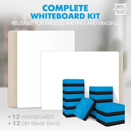 Set of 12 Small White Board Dry Erase Boards Classroom Pack Mini White Boards 9"x12” Double Sided Personal Whiteboards for Students Teachers School Supplies Lapboards l 12 Mini Whiteboard Erasers Incl - style: Set of 12 Boards & 12 Erasers