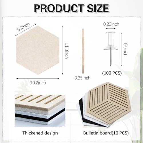 Hexagon Cork Board Tiles for Walls 10 Pack Bulletin Boards with 100 Push Pins, Pin Board for Office Home Notes Photos Memo DIY Classroom Decor (Minimalist)