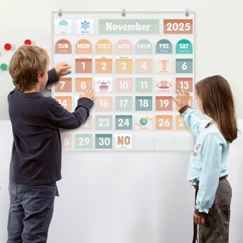 Large Calendar Pocket Chart, Calendar Learning Classroom Calendar Pocket Chart with 115 Cards for Classroom Calendar and Weather Pocket Chart for Home Kindergarten Learning(White) - color: white