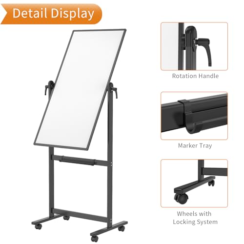 VIZ-PRO Double-Sided Magnetic Mobile Whiteboard, 48 x 24 Inches, Black Aluminium Frame and Stand - size: 48"W x 24"H