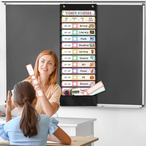Pasimy Daily Schedule Pocket Chart with 31 Reusable Cards and 14 Pockets Composition Schedule Charts Classroom Decorations for School Office Home Educational Activity - style: Composition
