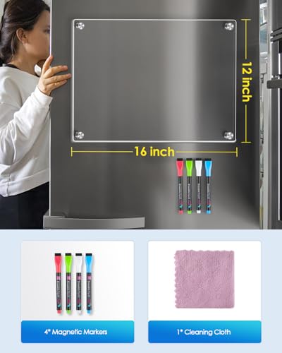 MaxGear Acrylic Magnetic Whiteboard for Fridge, 16 x 12 Inch Clear Board | Extra Large Writing Space, Strong Magnetic Hold, Smooth Writing and Easy Cleaning for Family Planning and Organization - size: 16“x12"