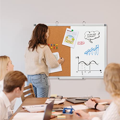 Comix Cork Board Magnetic Dry Erase Board Combo, 24 x 18 Inches Whiteboard and Bulletin Board Combination, Aluminum Frame Vision Board with 4 Dry Erase Markers, 4 Magnets, Eraser, Push Pins - size: 24" x 18"