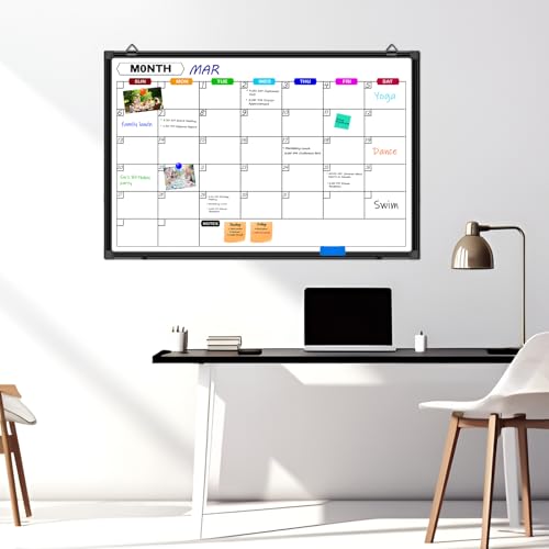 Dry Erase Calendar Whiteboard for Wall 36" x 24", Magnetic Monthly White Board Calendar Dry Erase with Tray, Black Aluminum Frame Bulletin Board for Office Home and School - size: 36" x 24" - 1 Month