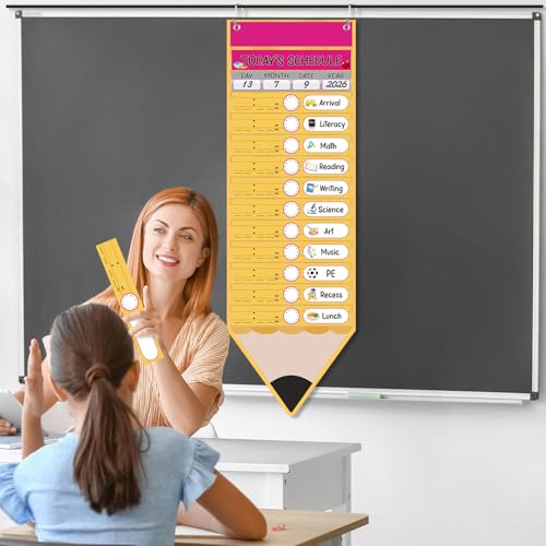 Pasimy Daily Schedule Pocket Chart with 31 Pencil Cards and 14 Pockets Pencil Schedule Charts Back to School Classroom Decor for School Office Home Educational Activity Supplies - style: Pencil Pocket Chart