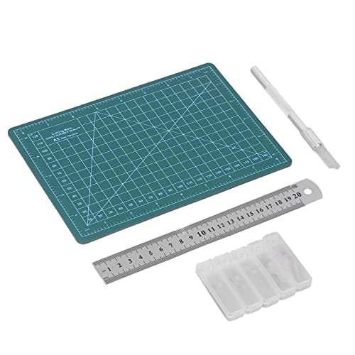 Fabric Cutting Mat, A5 15x22cm Plastic Mat with Steel Ruler and 25 Blades, for Cutting Wood Cardboard Paper Plastic Cloth Leather Foam Board