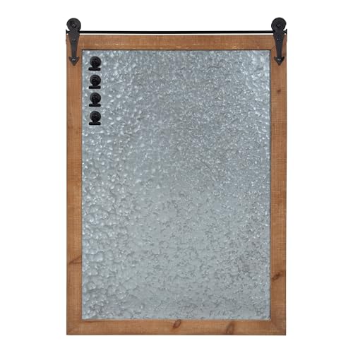 Kate and Laurel Cates Modern Farmhouse Barn Door Wood Framed Galvanized Metal Magnetic Memo Board, Rustic Brown