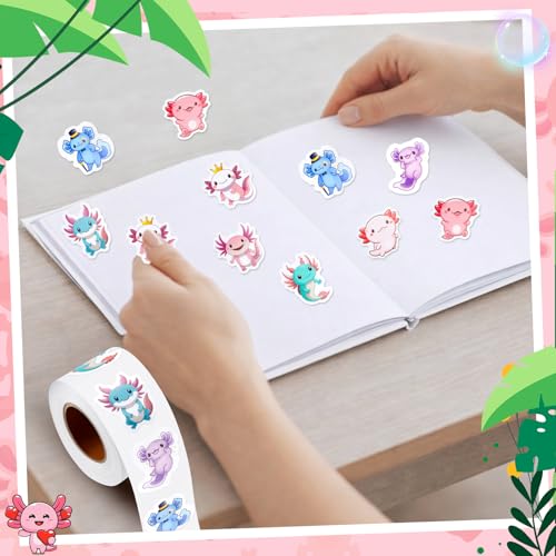 Qeeenar 1 Roll Axolotl Stickers Decal Reward Cute Office Supplies Incentives Animals Sticker Christmas Party Favor, 500 Pcs Each Roll - style: Axolotl