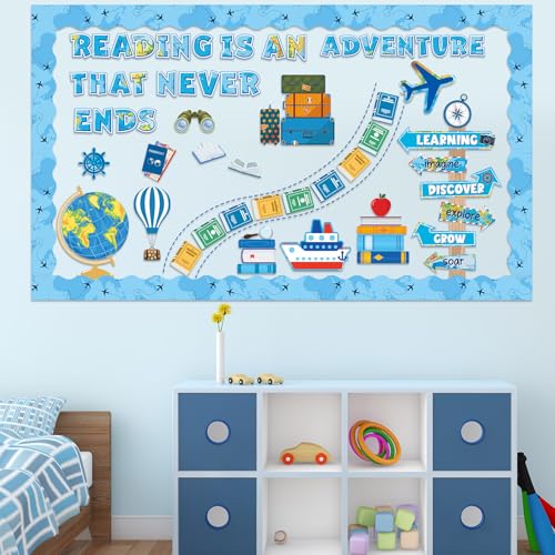 Reading Travel Bulletin Board Decorations Set Blue Reading is an Adventure Bulletin Board Classroom Decorations Motivational Signpost Paper Cutouts for Back to School Library Chalkboard Wall Decor - style: Blue Travel