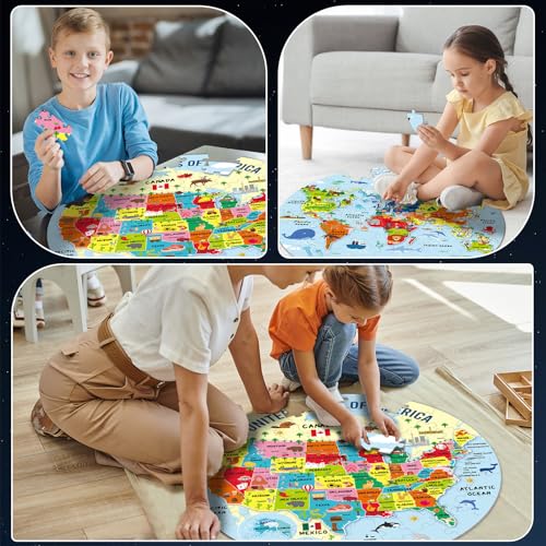 2 Sets World Puzzle United States Map Puzzle with Poster World and US Geography Jumbo Round Floor Puzzles Jigsaw for Kids Ages 3-5 Educational Learning Toys Puzzles Valentines Birthday Gift 70 Pieces