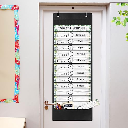Tatuo Daily Schedule Pocket Chart Classroom Pocket Charts with Reusable Cards and 14 Pockets Farmhouse Classroom Supplies Greenery Schedule Charts for School Office Home Educational Activity(31 Pcs)