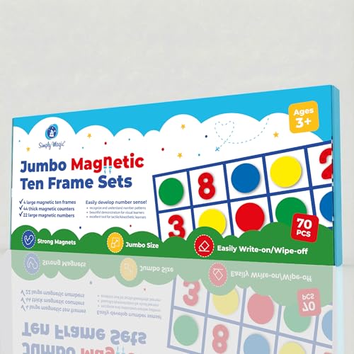 70 PCS Magnetic Ten Frames - Math Manipulatives for Elementary Classroom & Kindergarten - 4 Ten Frames & 44 Math Counters for Kids, Math Games for Kindergarten - Jumbo Magnetic Ten Frame Set
