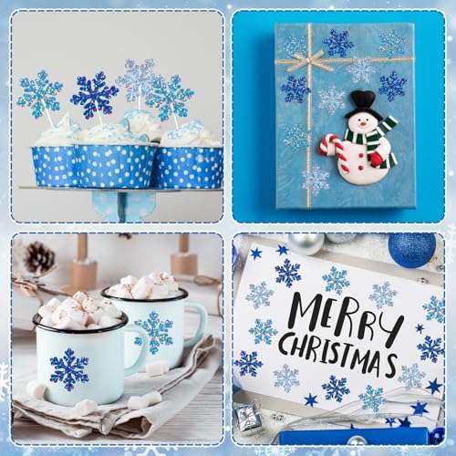 Whaline Winter Snowflake Stickers Roll Laser Blue Silver Snowflake Seal Stickers Christmas Waterproof Self-Adhesive Decals for Envelope Journal Decor Xmas Holiday, 500 Pcs - style: Blue & Silver Snowflake