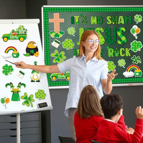 gisgfim St. Patrick's Day Jesus Bulletin Board Decorations Jesus is Our Rock Bulletin Board Set Happy St.Patrick Luck Shamrock Clover Cutouts Borders Decor for Irish Classroom Home Wall(St. Patrick's) - style: St. Patrick's Day Jesus