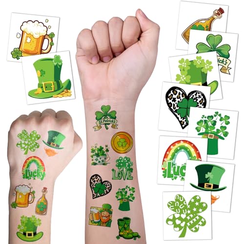 117 PCS St Patricks Day Temporary Tattoos St. Patrick's Day Shamrock Face Stickers Shamrock Tattoos Irish Party Favor Accessories, Saint Patricks Day Fake Tattoo Lucky Green Four Leaf Clover Decals - color: StPatrick