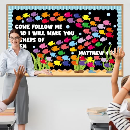 Fishers of Men Bulletin Board Classroom Decorations Christian Religious Bible Bulletin Board Sets Fish Paper Cutouts for Jesus Church Sunday Summer VBS Back to School Teacher Chalkboard Wall Supplies - style: Fishers of Men