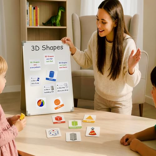 Magnetic 3D Shapes Flash Cards, Geometric Solids Matching Game, Educational Learning Aids & Math Manipulatives for Classroom and Home - color: 3d Shapes & Pictures-18p,colorful
