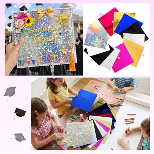 Gueevin 12 Sheets Class of 2026 Graduation Cap Decoration Kit Cardstock, 9x9 Inch Sparkly Holographic Glitter Metallic Foil Thickened Paper with Pre Cut Tassel Hole, DIY Grad Cap Topper Craft Supplies