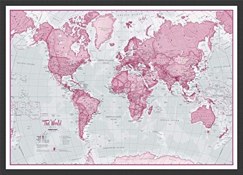 Maps International Small The World is Art Wall Map - Pink - Push Pin Board Mounted with Black Wood Frame - 24 x 18 - size: 24 x 18 Wood Frame Black