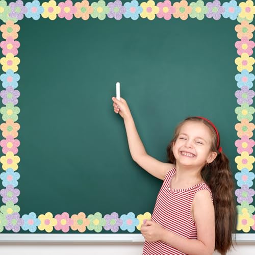 Whaline 65.6Ft Glitter Pastel Bulletin Board Border Floral Boho Flower Die Cut Trim Border Roll for Back to School Chalkboard Wall Decor - style: Pastel Flower