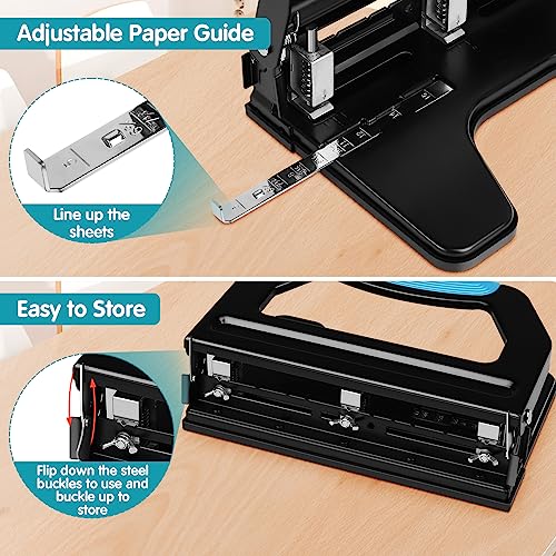 AFMAT 3 Hole Punch Heavy Duty, 9/32" Holes, 50-Sheet Hole Puncher 3 Ring, 50% Reduced Effort, Adjustable Two & Three Hole Punch, Metal Paper Puncher w/Large Chip Tray, Metal Paper Guide, Black, HP18 - color: Black