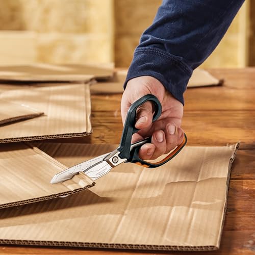 Fiskars PowerArc 8" Shop Shears, Heavy Duty Serrated Stainless Steel Scissors with Comfort Grip, Hardware Tool for Construction, Cut Materials like Insulation, Duct Tape, Cardboard, Rope and Tyvek - style: Serrated 8 in.