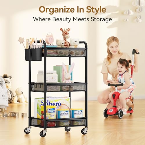 YASONIC 3 Tier Rolling Cart – Metal Utility Storage Carts with Wheels, Craft Cart Organizer with Hanging Cups, Hooks, Mesh Basket for Bedside Kitchen Office Art, Black - color: Black