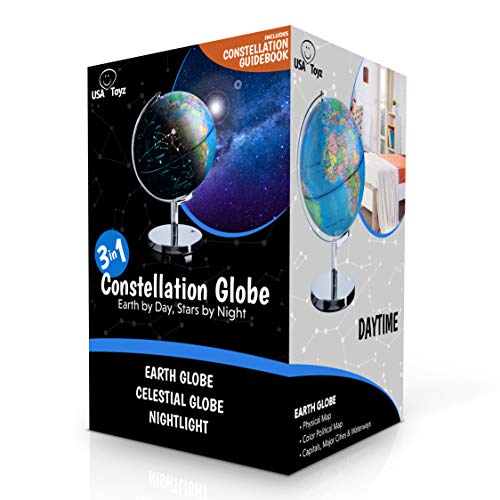 USA Toyz Illuminated World Globe with Stand - 3in1 STEM Globes for Adults and Kids, Constellation Map, Built-In LED Night Light Lamp, Easy to Read Texts, Non-Tip Base, 13.5 Inch Tall, 9 Inch Diameter - size: 9" Diameter
