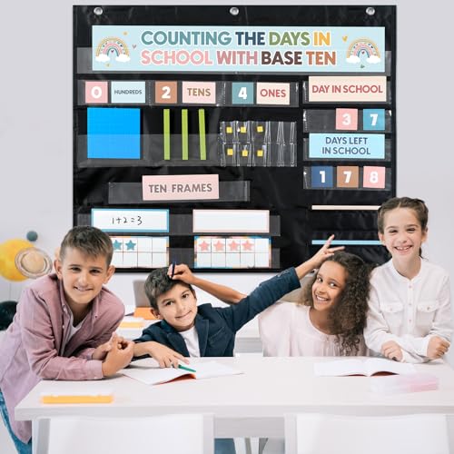 Boho Back to School Counting The Days with Base Ten Pocket Chart Place Value Teaching Materials Counting Pocket Chart for Kids Toddler Learning Activities Classroom Bulletin Board Home Decor - style: Bohemian